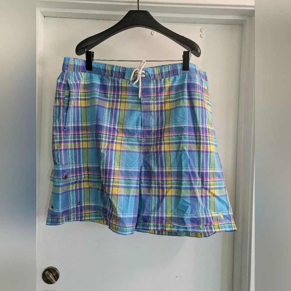 Ralph Lauren Polo Vintage Plaid Men's Cargo Swim Shorts - Blue, Yellow, Green